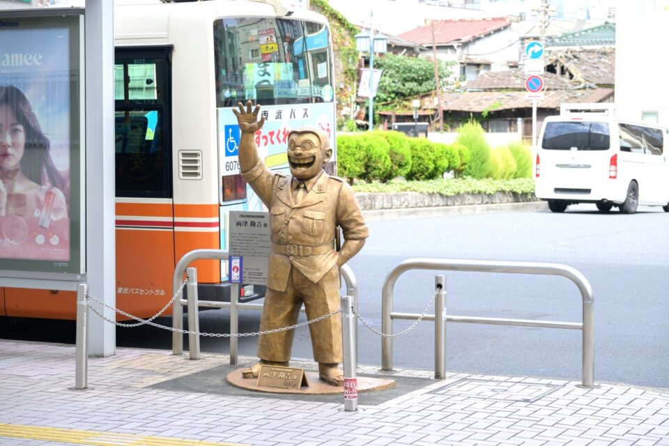 亀有駅北口の金色で右手を挙げている両さん像