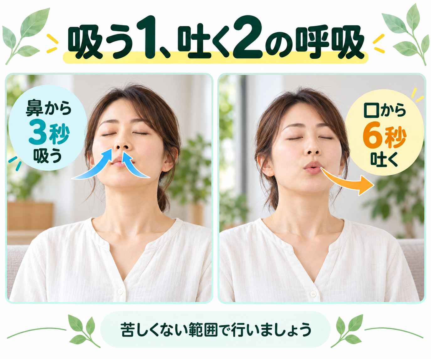 女性が鼻から3秒息を吸い、口から6秒息を吐く様子。吸う1、吐く2を目安に、苦しくない範囲で行います。