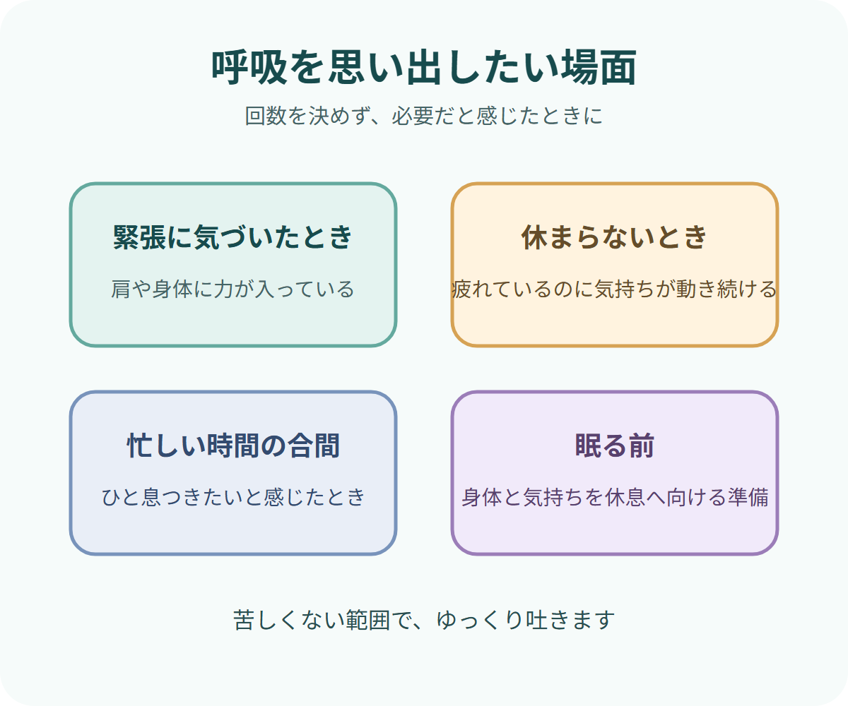緊張に気づいたとき、疲れているのに休まらないとき、忙しい時間の合間、寝る前に、無理のない呼吸を思い出します。