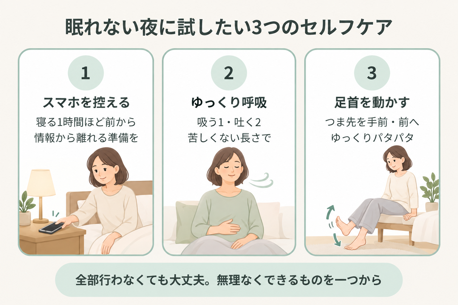 寝る1時間前からスマートフォンを控え、ゆっくり呼吸し、足首を上下に動かす3つのセルフケアを行う女性