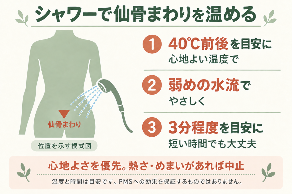 仙骨まわりへ40℃前後のシャワーを弱めの水流で3分程度当てるセルフケアの模式図