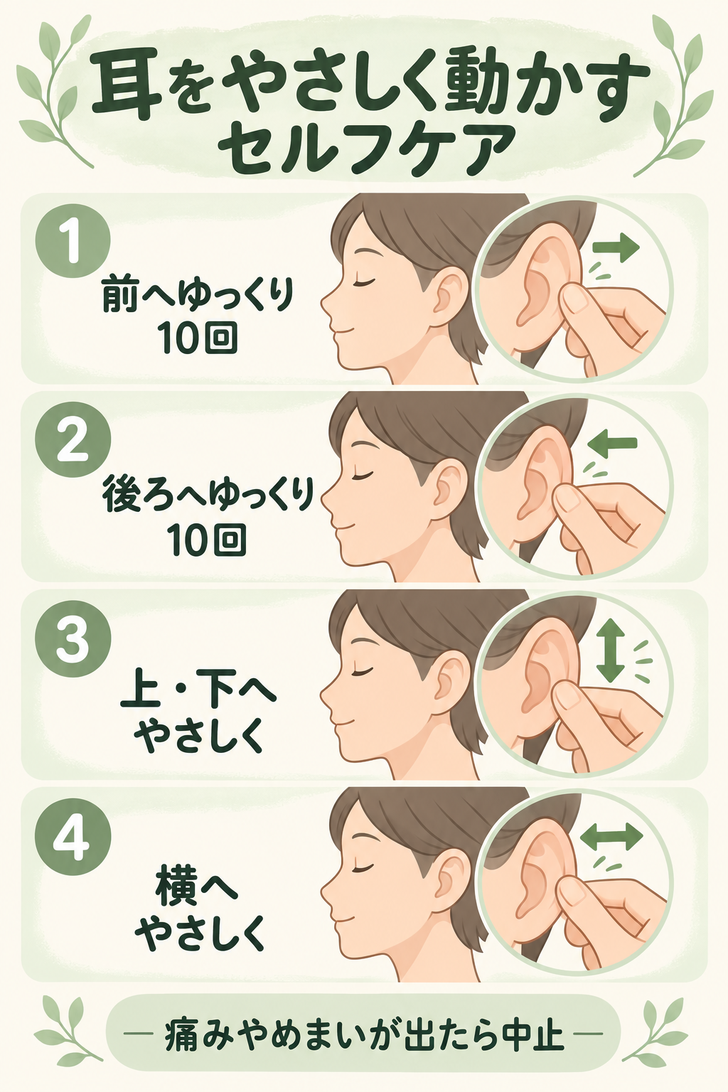 耳を前後へ各10回ゆっくり動かし、上・下・横へやさしく引くセルフケア